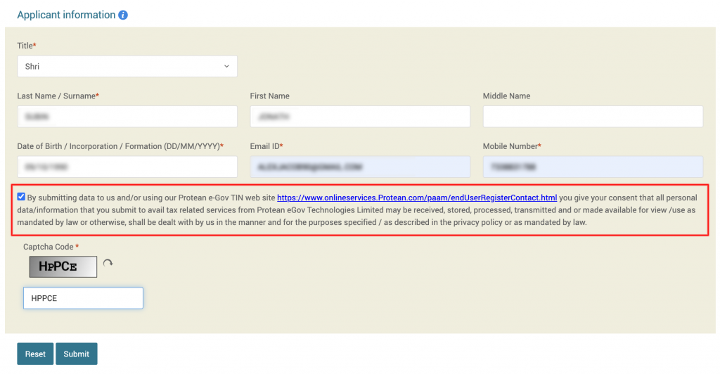 PAN card application form