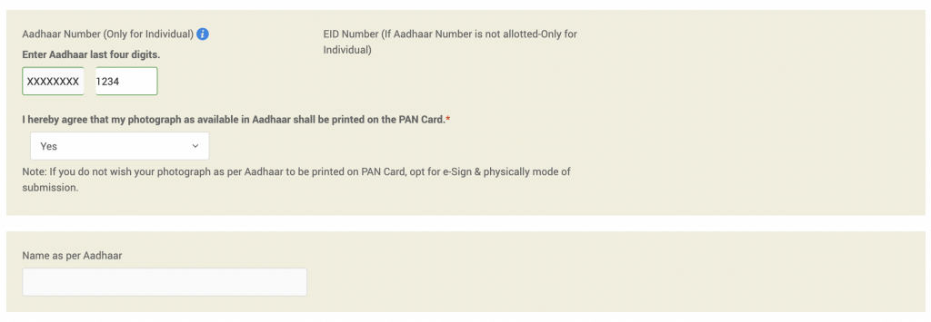 PAN card application Aadhaar number