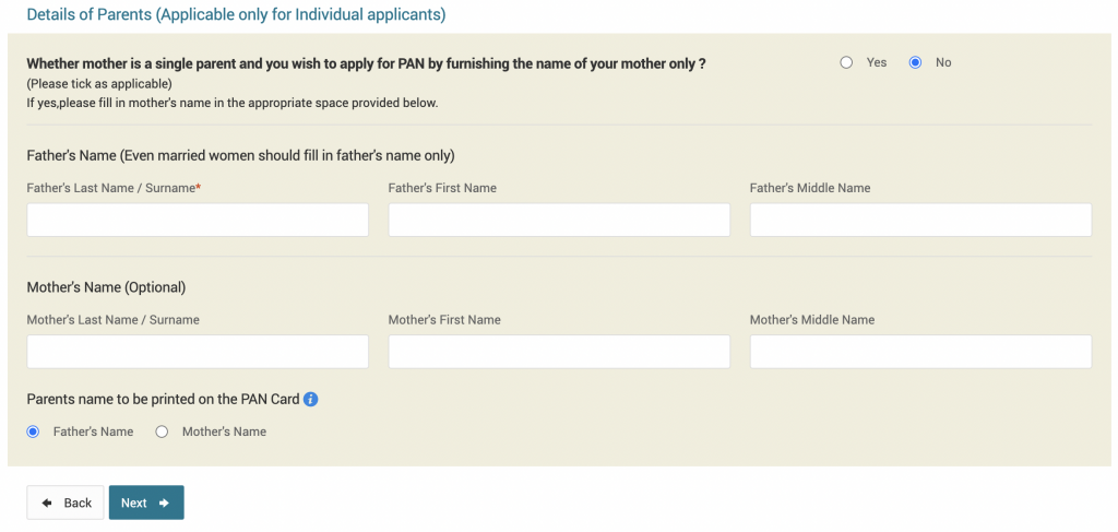 PAN card application details of parents